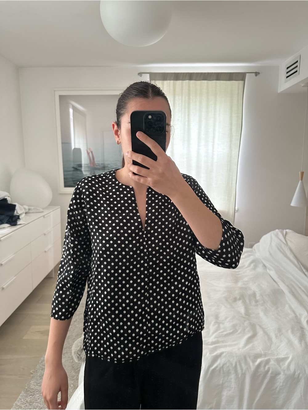 Everlane Black White Polka Dot Split-Neck Blouse